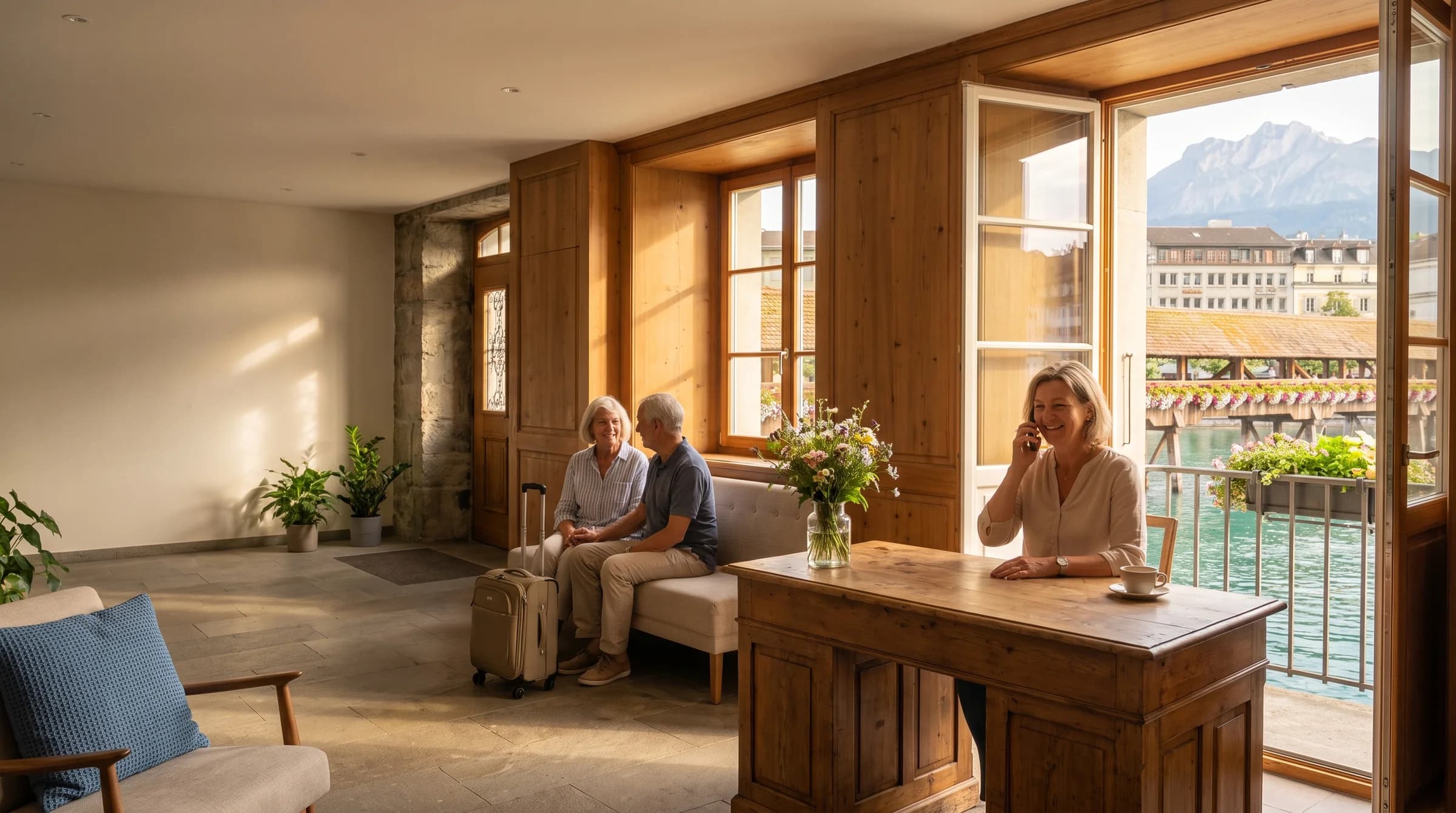 Eine Rezeptionistin lacht am Telefon an der Rezeption eines Familienhotels in Luzern, ein älteres Paar mit Koffer wartet, draussen die Kapellbrücke und der Pilatus