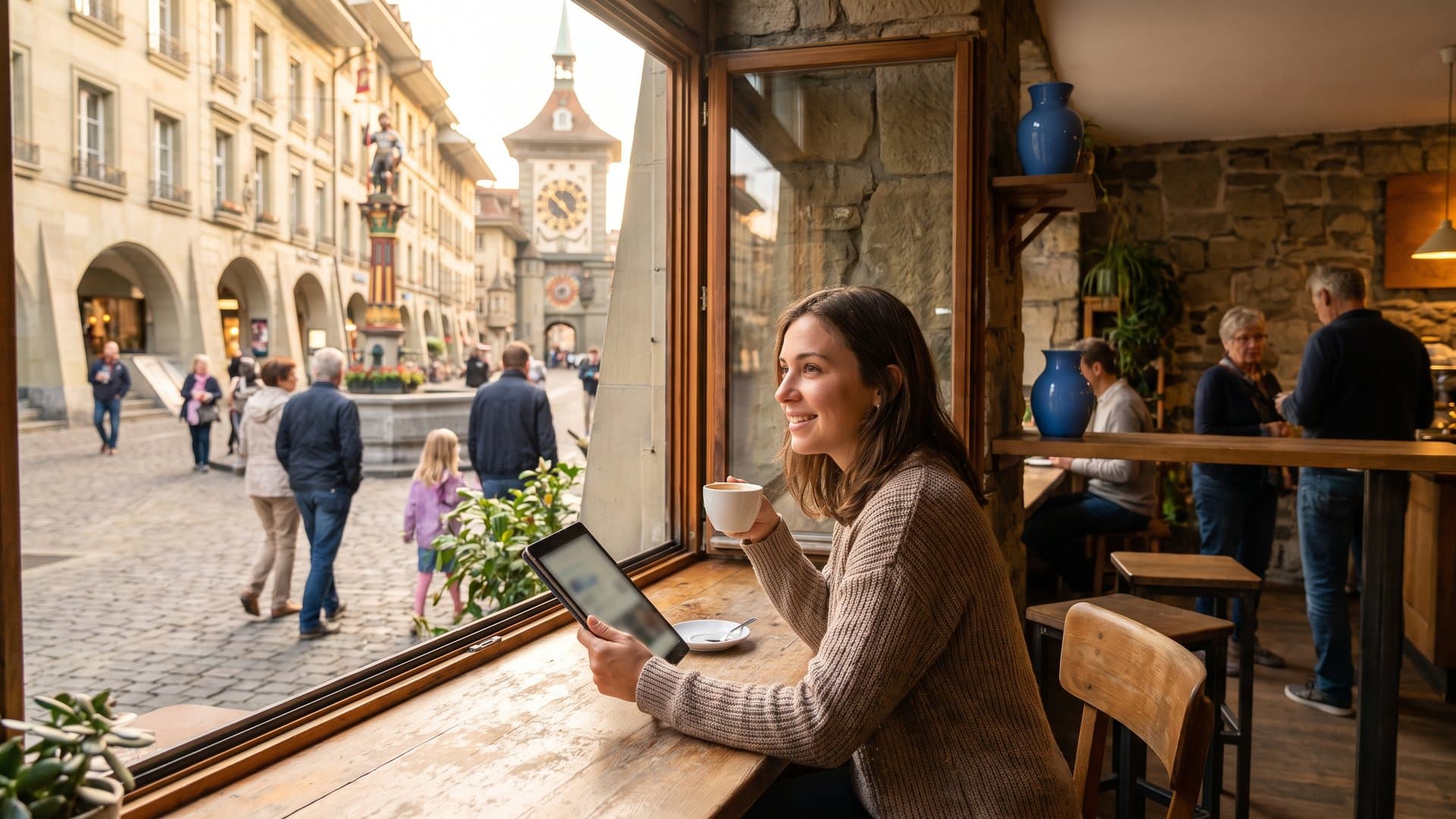 Eine Frau liest in einem gemütlichen Café einen Artikel auf dem Tablet