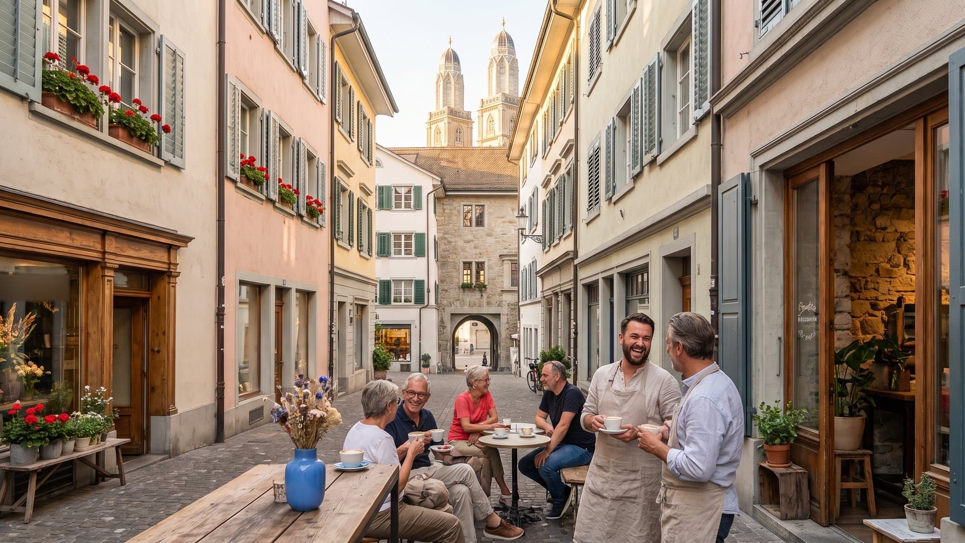 Eine Altstadtstraße mit kleinen Geschäften im Abendlicht