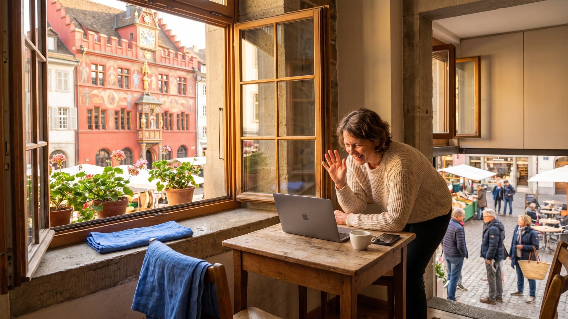 Ein Tisch am offenen Fenster mit Laptop, Telefon und einer Tasse Kaffee