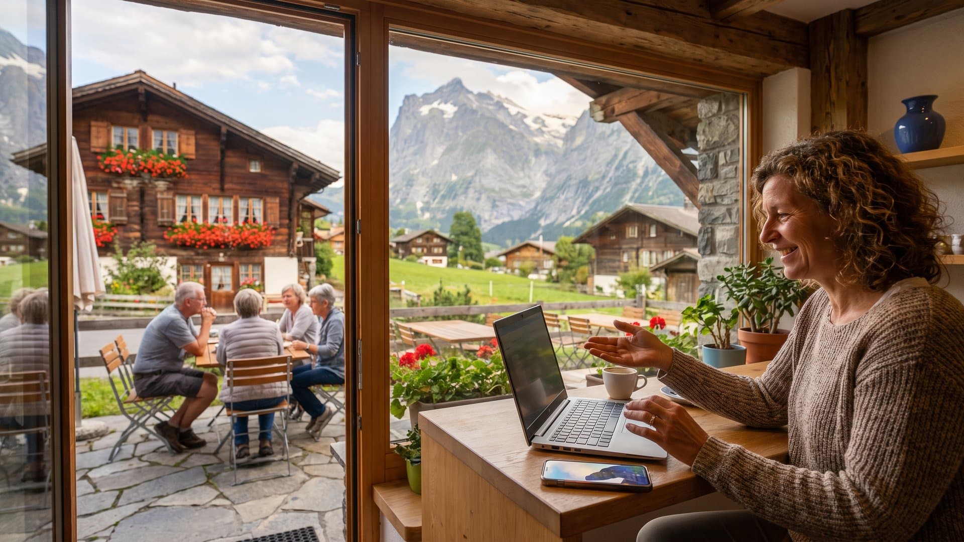 Eine Café-Besitzerin richtet ihren Laptop ein, während ihr Handy aufleuchtet