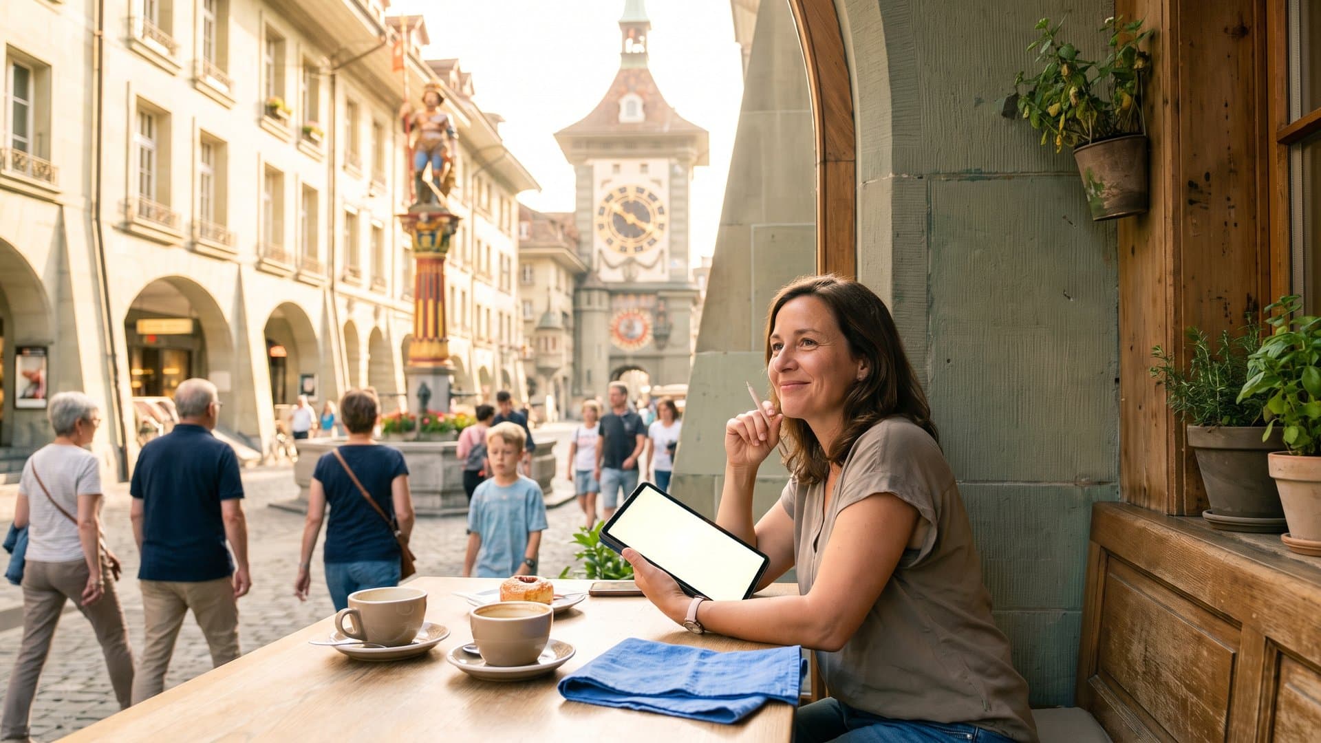 Eine Unternehmerin vergleicht im Café zwei Optionen auf dem Tablet